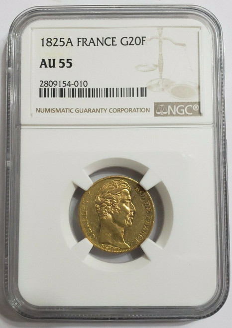 1825-A 20 Francs CHARLES X ROI DE France NGC AU-55 GOLD Coin.