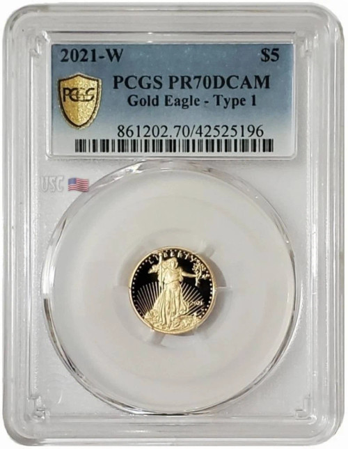 2021-W 1/10 Oz GOLD AMERICAN EAGLE PCGS PR70DCAM Gold Shield Label TYPE 1 Coin.
