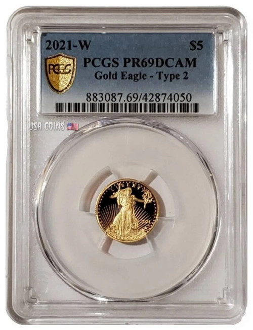 2021-W 1/10 Oz PROOF Gold AMERICAN EAGLE Type 2 PCGS PR69DCAM Gold Shield Coin.