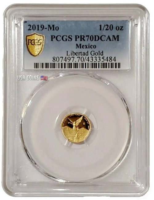 2019 1/20 Oz PROOF GOLD MEXICAN LIBERTAD PCGS PR70DCAM Gold Shield Coin.