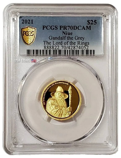 2021 1/4 Oz PROOF GOLD $25 Niue GANDALF THE GREY PCGS PR70DCAM Gold Shield Coin.