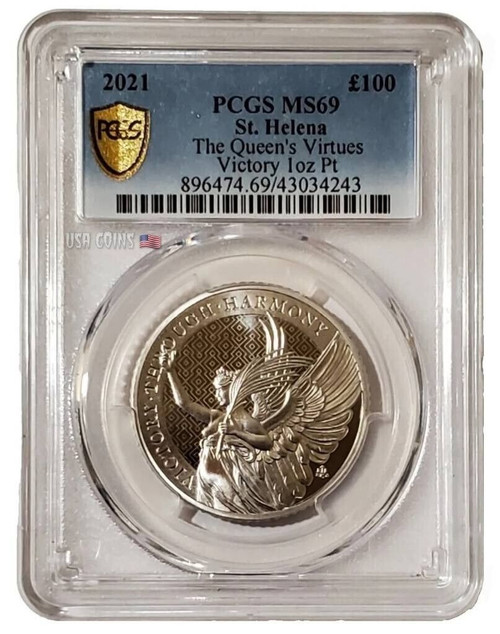 2021 1 Oz PLATINUM £100 St. Helena QUEEN'S VIRTUES VICTORY MS69 Gold Shiel Coin.