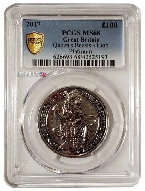 2017 1Oz PLATINUM £100 UK Queen Beast LION OF ENGLAND PCGS MS68 Gold Shield Coin.
