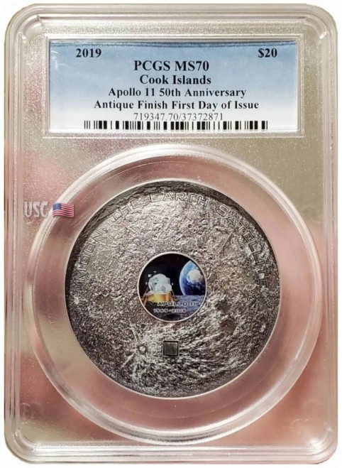 2019 3 Oz Silver APOLLO 11 50TH ANNIVERSARY Antiqued Finish MS70 FDOI Coin.
