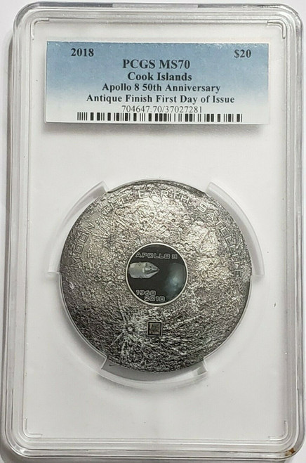 2018 3 Oz Silver 50TH ANNIVERSARY OF APOLLO 8 Antique Finish MS70 FDOI Coin.