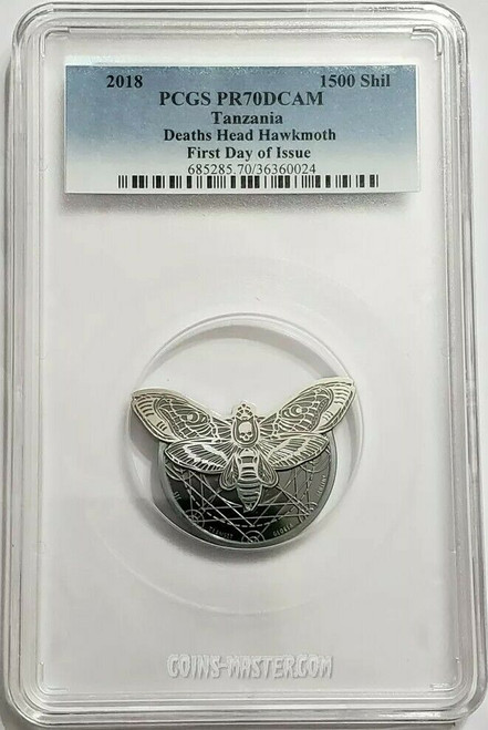 2018 2 Oz Silver 1500 Shillings Tanzania DEATHS HEAD HAWKMOTH PF70DCAM FDOI Coin.