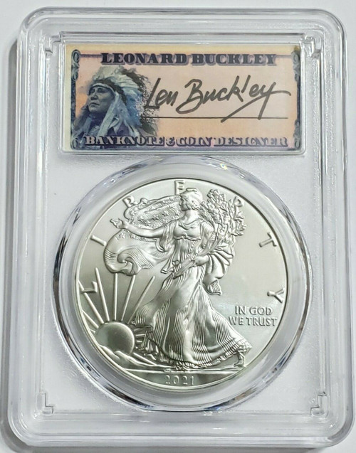 2021 1 Oz Silver $1 AMERICAN EAGLE PCGS MS70 FDOI Leonard Buckley Type 1 Coin.