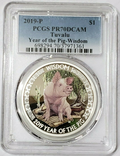 2019 1 Oz Silver $1 Tuvalu YEAR OF THE PIG WISDOM PR70DCAM Coin.
