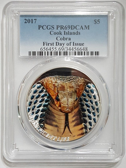 2017 1 Oz Silver $5 Cook Islands COBRA Magnificent Life PCGS PR69DCAM FD Coin. 