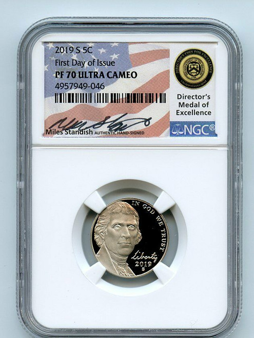 2019-S 5C JEFFERSON Nickel NGC PF70UCAM First Day of Issue FDOI Miles Standish 