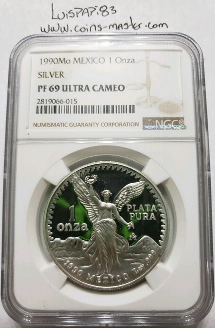 1990 Mo 1 Oz PROOF Silver MEXICAN LIBERTAD NGC PF69 Ultra Cameo Coin.