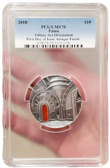 2018 2 Oz Silver $10 Palau Tiffany Art ORIENTALISM PCGS MS70 First Day Of Issue Coin.