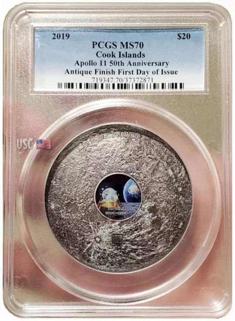 2019 3 Oz Silver APOLLO 11 50TH ANNIV. Antiqued MS70 FDOI Antiqued Coin WITH COA #2.