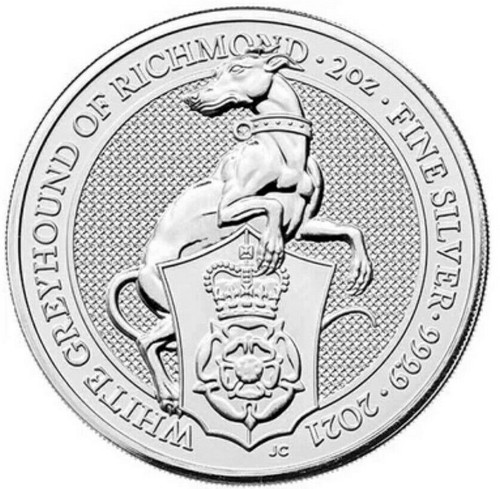 2021 2 Oz Silver UK Queen Beast WHITE GREYHOUND OF RICHMOND Coin.