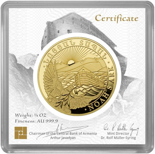 2020 1/4 Oz PROOF GOLD 10000 Dram Armenia NOAH'S ARK Coin In Assay, COA # 66