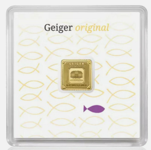 1 Gram GOLD GEIGER FISH Bar In Assay.