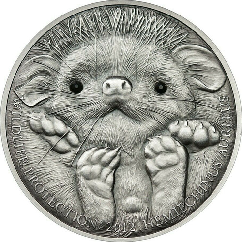 2012 1 Oz Silver 500 Terper Mongolia Wildlife Protection LONG EARED HEDGEHOG Antique Finish Coin.