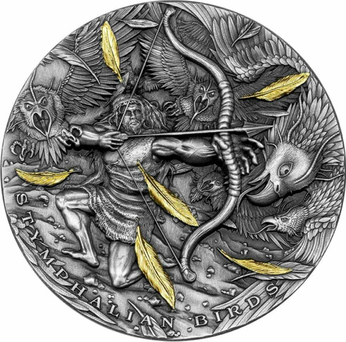 2022 2 Oz Silver $5 Niue Twelve Labours Of Hercules STYMPHALION BIRDS Antique Finish Coin.