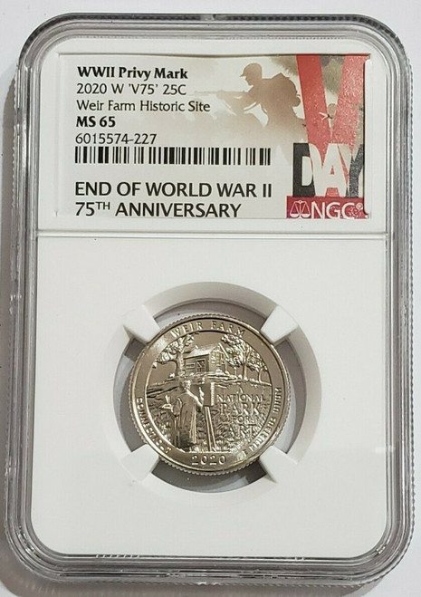 2020-W 25C WEIR FARM 75TH ANNIV OF END OF WORLD WAR II NGC MS65 V75 Privy Coin.