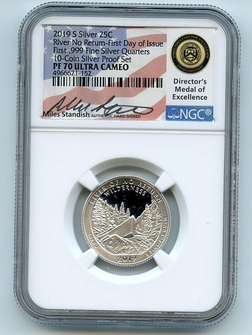 2019-S 25C Silver FRANK CHURCH RIVER NGC PF70UCAM FDOI Miles Standish Coin.