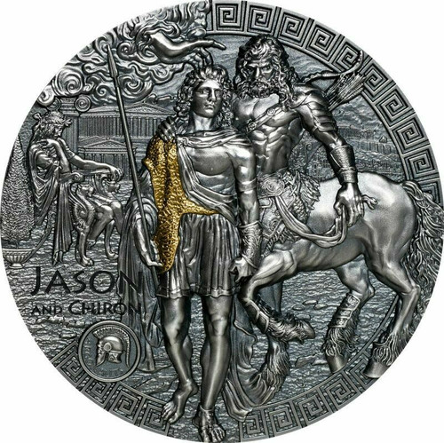 2022 2 Oz Silver $5 Niue Argonauts JASON N CHIRON Antique Finish Gilded Coin.