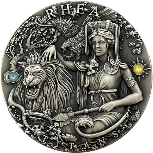 2022 2 Oz Silver $2 Niue Titans RHEA Antique Finish N High Relief Coin.
