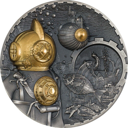 2022 3 Oz Silver $20 Cook Islands Steampunk NAUTILUS Queen Elizabeth II Gilded Antique Finish Coin.