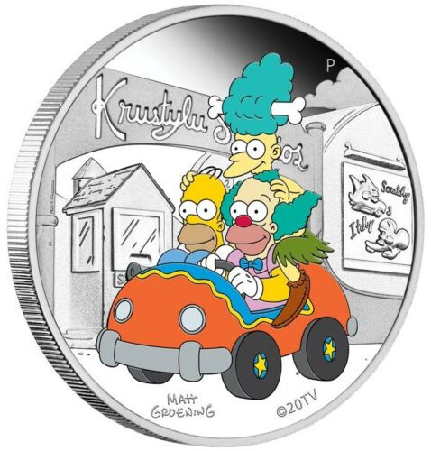 2022 1 Oz PROOF Silver $1 Tuvalu Simpsons KRUSTY LU STUDIOS Colored Coin.