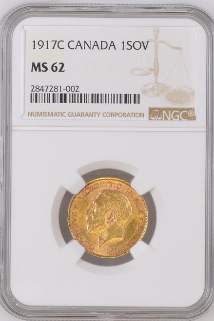 1917C 7.98 Grams GOLD 1 Sovereign Canada GEORGE V NGC MS62 Coin.