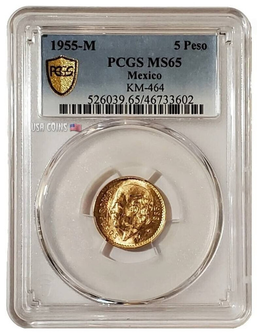 1955-Mo 4.17 Grams GOLD Mexican 5 PESOS KM-464 PCGS MS65 Gold Shield Coin.