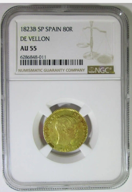 1823B SP Spain 80 Reales De Vellon FERDINAND VII NGC AU55 6.77 Grams Gold Coin.