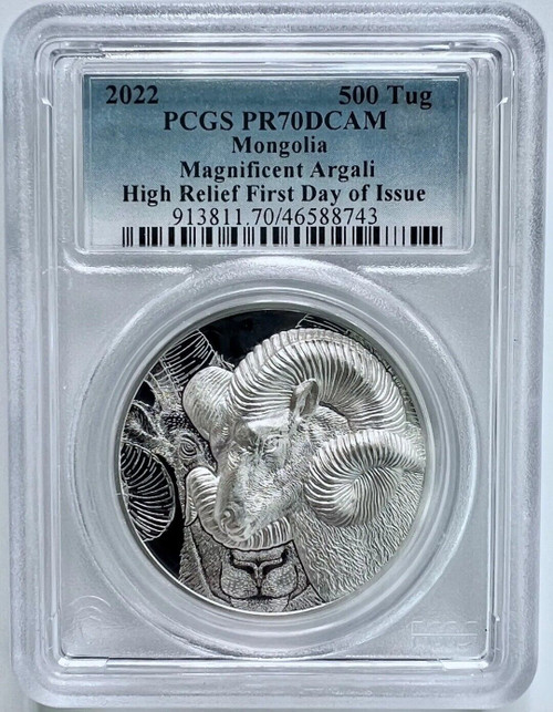 2022 500 Togrog Mongolia MAGNIFICENT ARGALI PCGS PR70DCAM 1 Oz Silver Proof Coin.