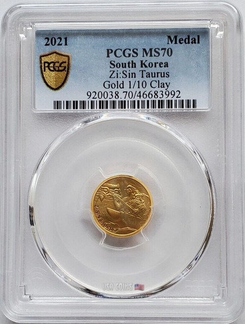 2021 1/10 Oz GOLD 1/10 Clay South Korea ZI:SIN TAURUS PCGS MS70 Gold Shield Coin.
