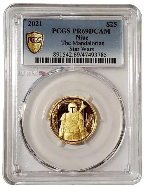 2021 1/4 Oz GOLD $25 Niue Star Wars MANDALORIAN PCGS PR69DCAM Gold Shield Coin.