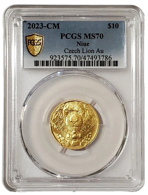 2023 1/4 Oz GOLD $10 Niue CZECH LION PCGS MS70 Gold Shield Coin.