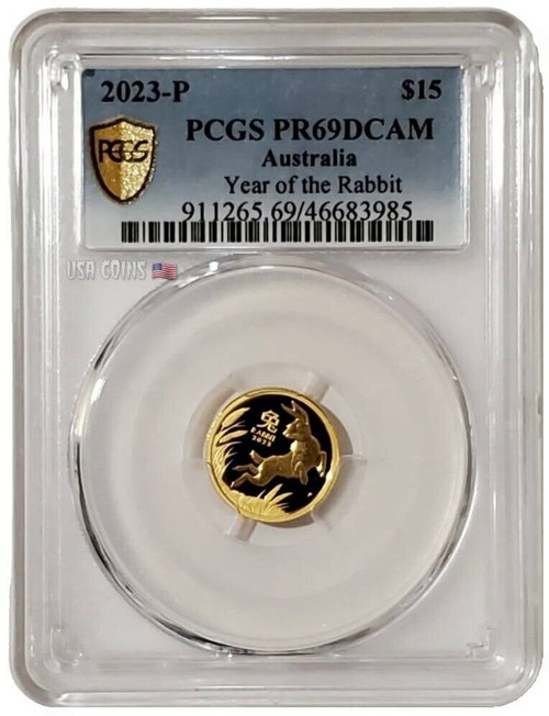 2023 1/10 Oz GOLD $15 Australia YEAR OF THE RABBITS Serie III PCGS PR70DCAM Gold Shield Coin.