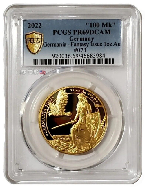 2022 1 Oz GOLD 100 Mark GERMANIA PCGS PR69DCAM Gold Shield Proof Coin.