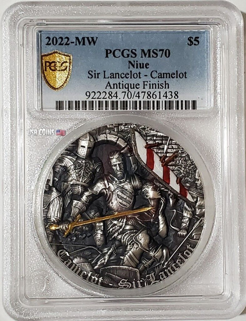 2022 2 Oz Silver $5 Niue Camelot SIR LANCELOT PCGS MS70 Gold Shield Coin.