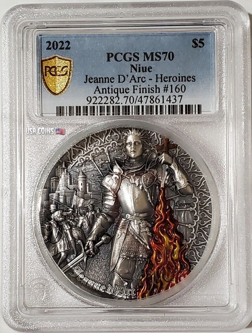 2022 2 Oz Silver $5 Niue Heroines JOANNA D'ARC PCGS MS70 Gold Shield Coin.