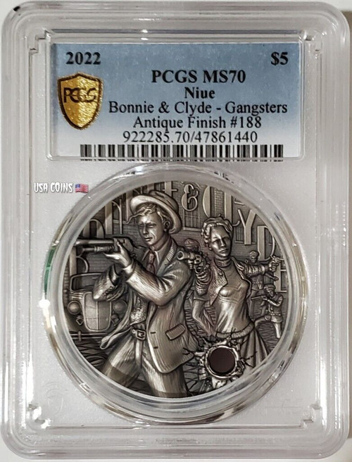 2022 2 Oz Silver $5 Niue The Gangsters BONNIE N CLYDE PCGS MS70 Gold Shield Coin.