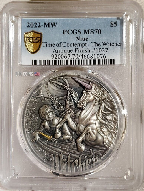 2022 2 Oz Silver $5 Niue The Witcher TIME OF CONTEMPT PCGS MS70 Gold Shield Coin.