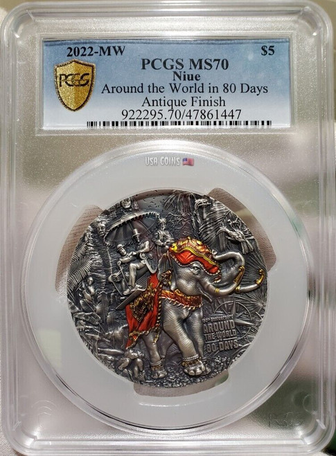 2022 3 Oz Silver $5 Niue 150TH ANNIV AROUND THE WORLD IN 80 DAYS PCGS MS70 Gold Shield Coin.