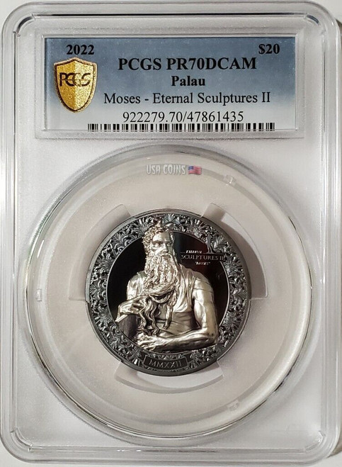 2022 3 Oz Silver Eternal Sculptures II MOSES OF MICHELANGELO PCGS PR70DCAM Gold Shield Coin.