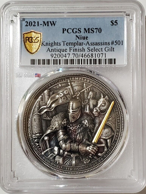 2021 2 Oz Silver $5 Niue Assassins KNIGHTS TEMPLAR PCGS MS70 Gold Shield Coin.