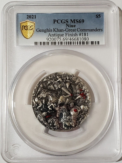 2021 2 Oz Silver $5 Niue Great Commanders GENGHIS KHAN PCGS MS70 Antique Finish Coin.