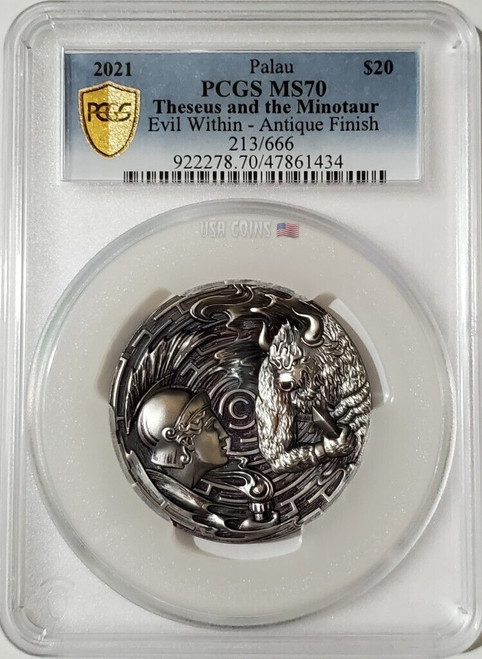 2021 3 Oz Silver $20 Palau THESEUS N MINOTAUR PCGS MS70 Gold Shield Coin.