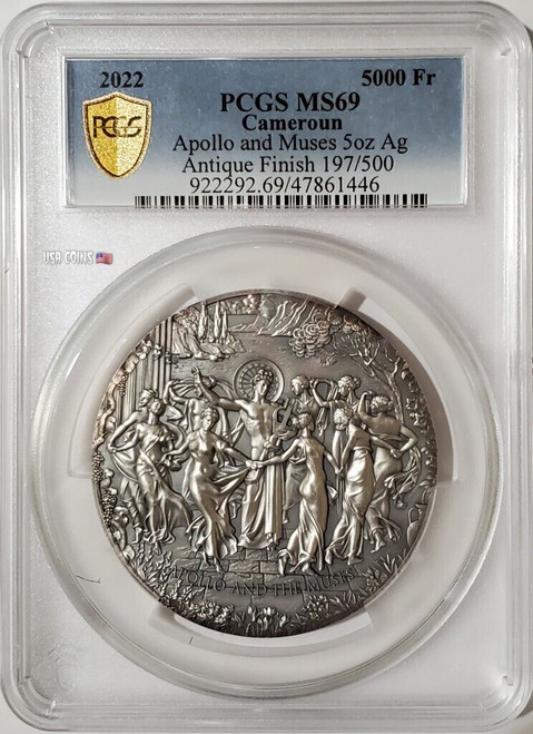 2021 5 Oz Silver Cameroon Celestial Beauty APOLLO N THE MUSES PCGS MS69 Gold Shield Coin.