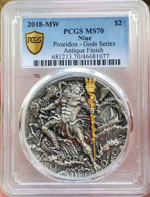 2018 2 Oz Silver $2 Niue God Of The Sea POSEIDON PCGS MS70 Gold Shield Coin.