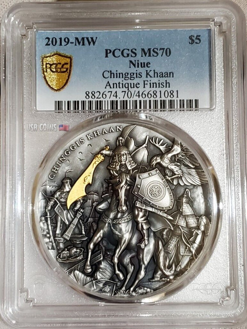 2019 2 Oz Silver $5 Niue Gengis CHINGGIS KHAAN PCGS MS70 Gold Shield Coin.