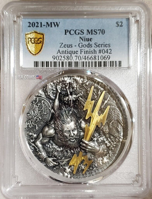 2021 2 Oz Silver $5 Niue Gods ZEUS PCGS MS70 Gold Shield Small Slab Coin.